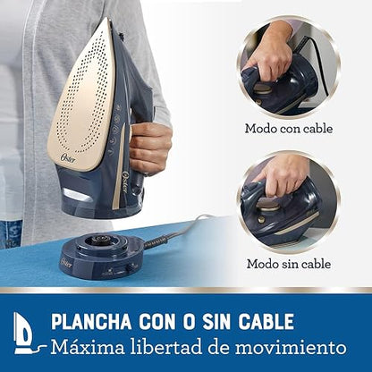 Oster® Plancha de Vapor Inalámbrica 2 en 1, Suela de Cerámica, Apagado Automático, Golpe de Vapor, Anti-Cal, Autolimpieza, Antigoteo, Vapor Vertical, 2200W, Azul, GCSTCC5000