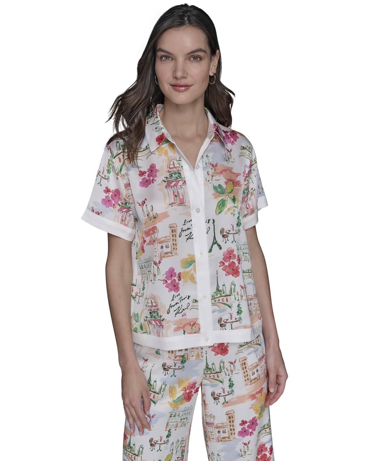 Karl Lagerfeld - Camisa de Campamento con Botones para Mujer, Blanco Suave/Coral Fusion Multi