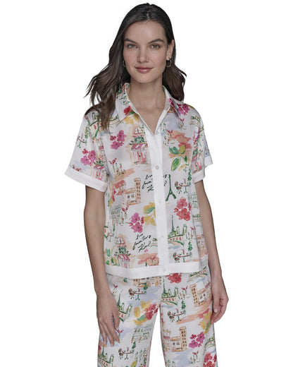 Karl Lagerfeld - Camisa de Campamento con Botones para Mujer, Blanco Suave/Coral Fusion Multi