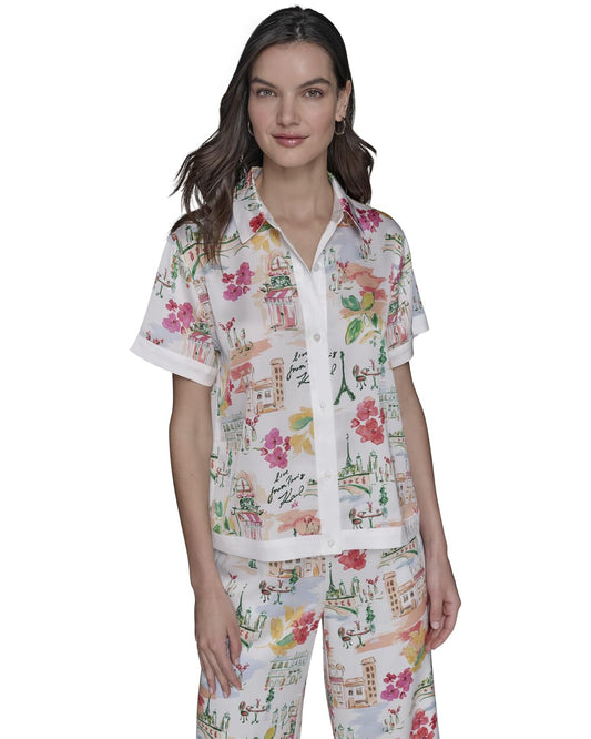Karl Lagerfeld - Camisa de Campamento con Botones para Mujer, Blanco Suave/Coral Fusion Multi