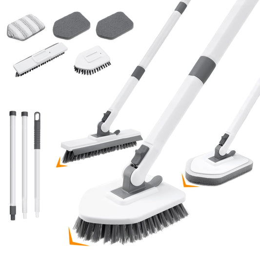 cepillo para polvo de limpieza 4 en 1 para ducha, lavador de tina y azulejos con mango largo, cepillo para polvo de lechada, cerdas rígidas, cepillo para polvo de esponja, almohadilla de microfibra,