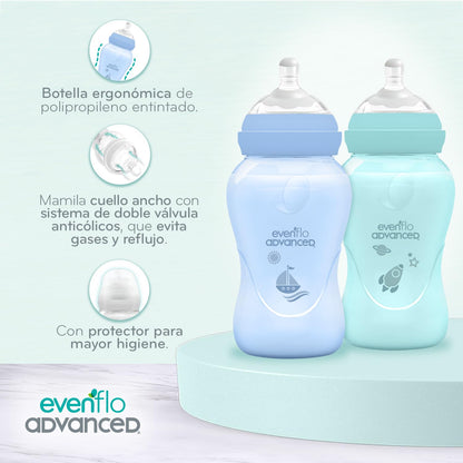 Evenflo Advanced Biberones Anticólicos Cuello Ancho, Azul y Teal, Flujo Medio, 270ml, Silicón Libre de BPA, Sistema Doble Válvula, 2 Piezas