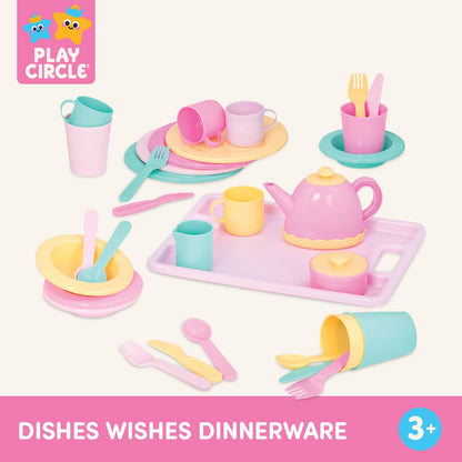 Battat Dishes Wishes, vajilla de Juguete con Tetera y Bandeja | Vajilla infantil Set de 34 piezas con tetera, azucarera, cremera, tazas, vasos, platos, cuencos y cubiertos, 3 años y +