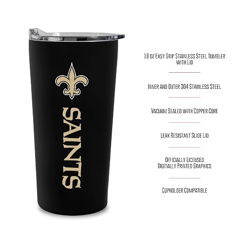 Rico Industries NFL Football New Orleans Saints - Vaso suave al tacto, fácil agarre de 18 onzas