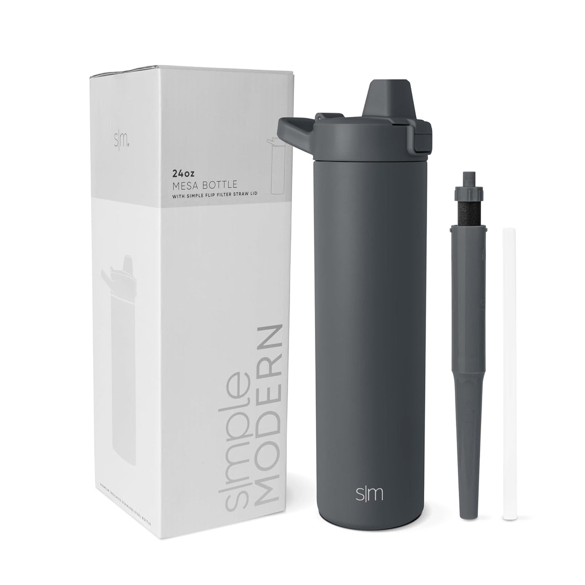 Simple Modern - Botella de agua filtrada | Botellas de agua de viaje con filtro de carbono de acero inoxidable aisladas, reutilizables para agua potable limpia sobre la marcha, 24 onzas, grafito - Botella de agua de 24 onzas - Grafito