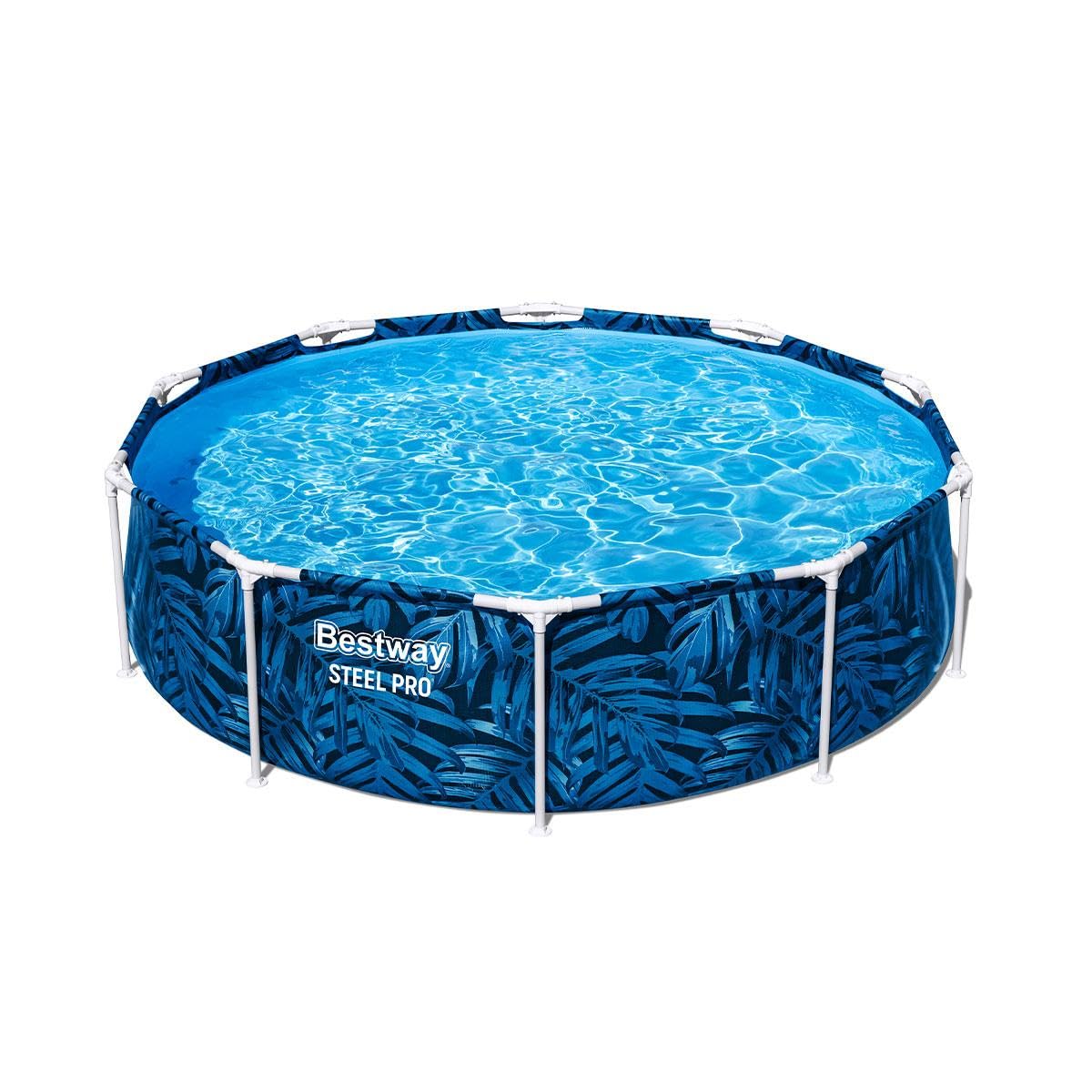 Bestway Steel Pro Alberca Redonda con Marco de Acero, Diseño Tropical Azul, para Jardín y Exterior