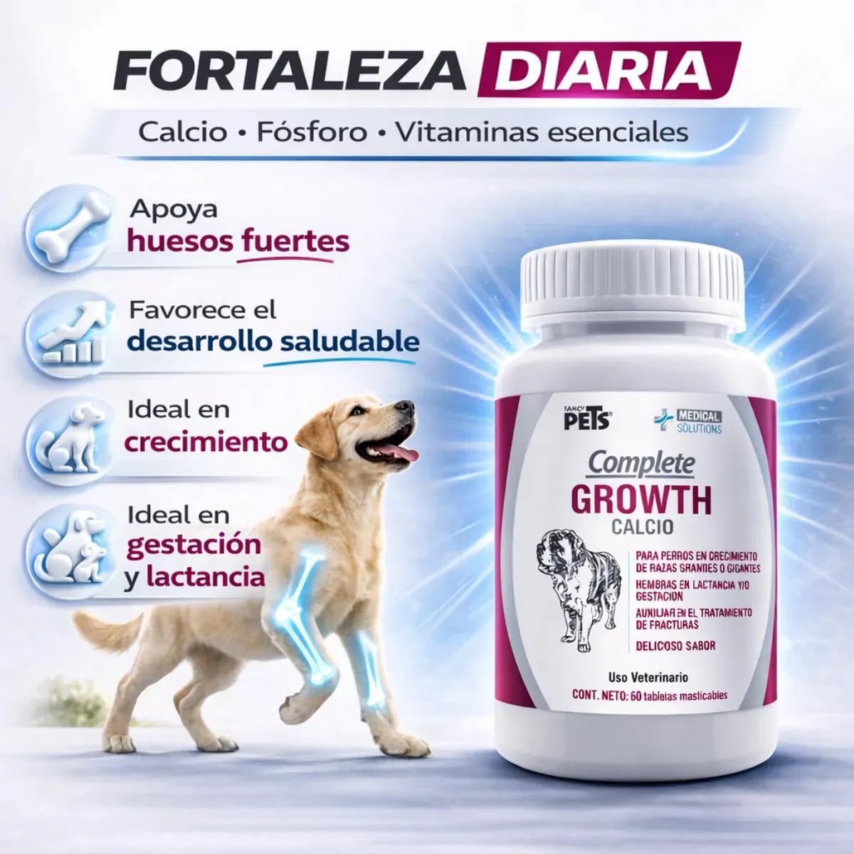 Fancy Pets MS Complete Growth Suplemento para Perros con Vitaminas, Minerales, Calcio, Fósforo y Omega 3 y 6 Tabletas Masticables 60 Tab