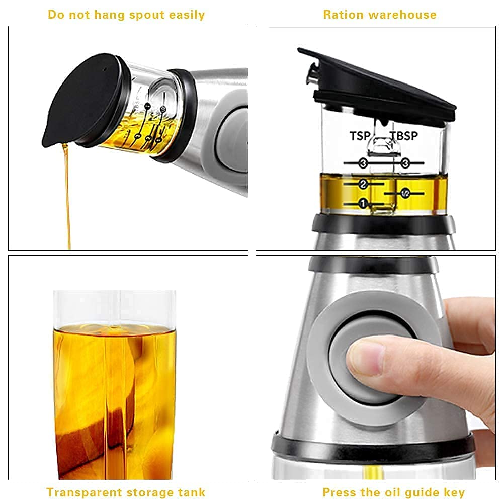 Dispensador de aceite y vinagre de vidrio superior, vertedor de aceite de medición para cocina,botella de aceite de vidrio transparente con escala, 8.5 onzas