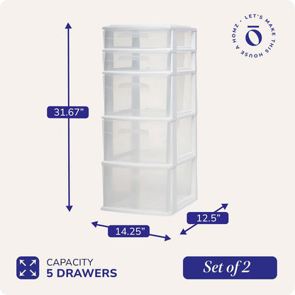 HOMZ Plastic 5 Drawer Medium Storage Tower, White Frame, Clear Drawers, Set of 2