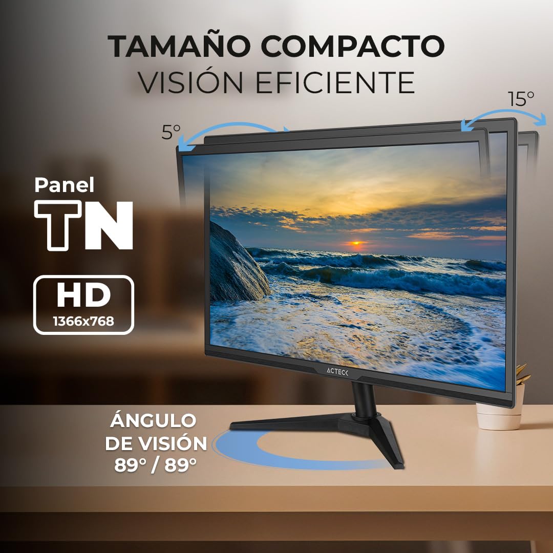 Acteck Captive Brite Monitor Plano CB185, 18.5", TN, HD, 60Hz, 5ms, Low-Blue Light, VGA, HDMI 1.4, VESA 75mm, Negro