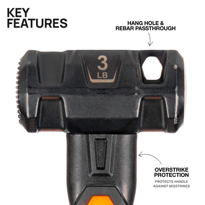 Klein Tools H80693 - Martillo de doble cara de 3 libras con mango de fibra de vidrio, diseño resistente a los golpes para golpes y demolición, incluye agujero para cordón