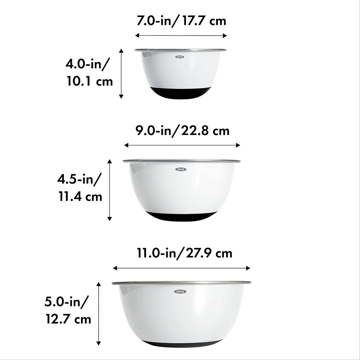 OXO Good Grips Set de 3 tazones para mezclar, de acero inoxidable, blanco