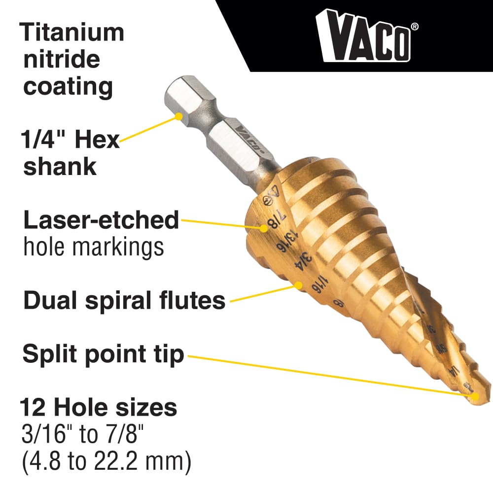 Klein Tools 25962 Broca escalonada, 3/16 a 7/8 pulgadas, espiral de doble vuelta, corta metal fino, plástico, aluminio, madera, vástago hexagonal de 1/4 pulgadas, VACO