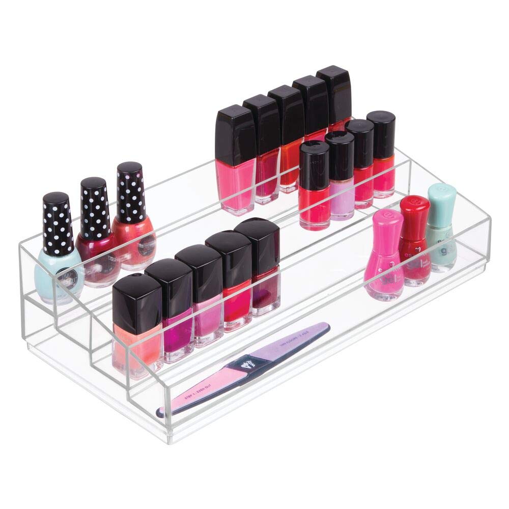 InterDesign Cosmetic Vanity or Cabinet to Hold Makeup Beauty Accessories – 4 Large Compartments, Clear Clarity Nail Polish Organizer, Stadium, Water