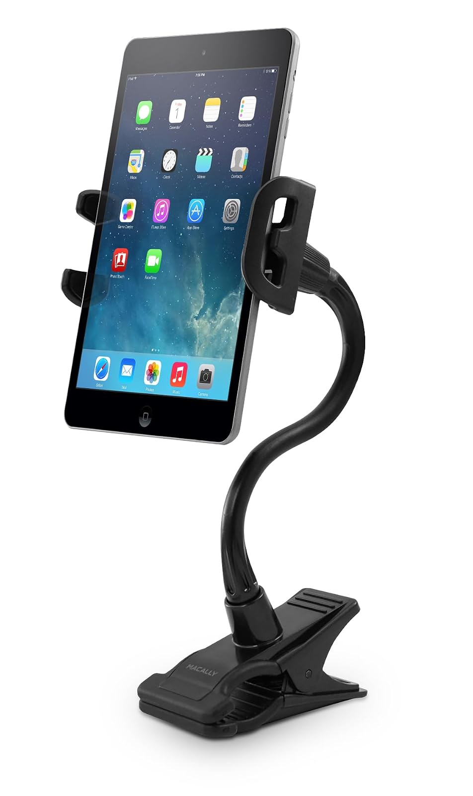 Macally Flexible y Ajustable Cuello de Cisne Clip en computadora o Mesa de Cocina Soporte para Soporte de Abrazadera para iPad Air, Montaje en Clip | Negro, Negro