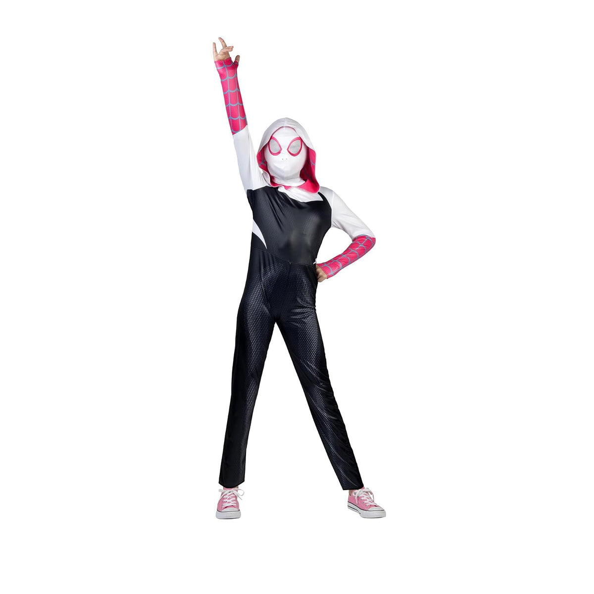 MARVEL Spider-Gwen Official Youth Halloween Costume - Premium Quality Hooded Jumpsuit with Pull On Fabric Mask