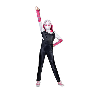 MARVEL Spider-Gwen Official Youth Halloween Costume - Premium Quality Hooded Jumpsuit with Pull On Fabric Mask