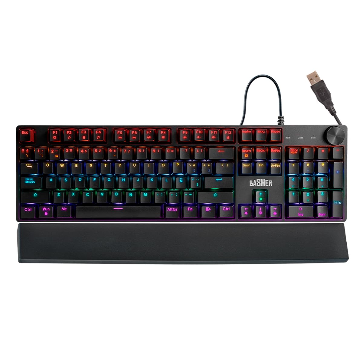 Teclado alámbrico led Rainbow Gamer para PC, reposa muñecas BASH-1004