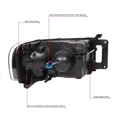 DNA MOTORING HL-LB-DR02-BK-CL1 Par de faros LED DRL compatible con 02-05 Ram 1500 2500 3500