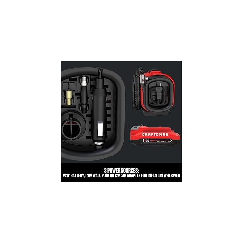 CRAFTSMAN Inflador Neumáticos Compresor Aire Portátil V20 3 Modos: Inalámbrico 120V 12V Rojo