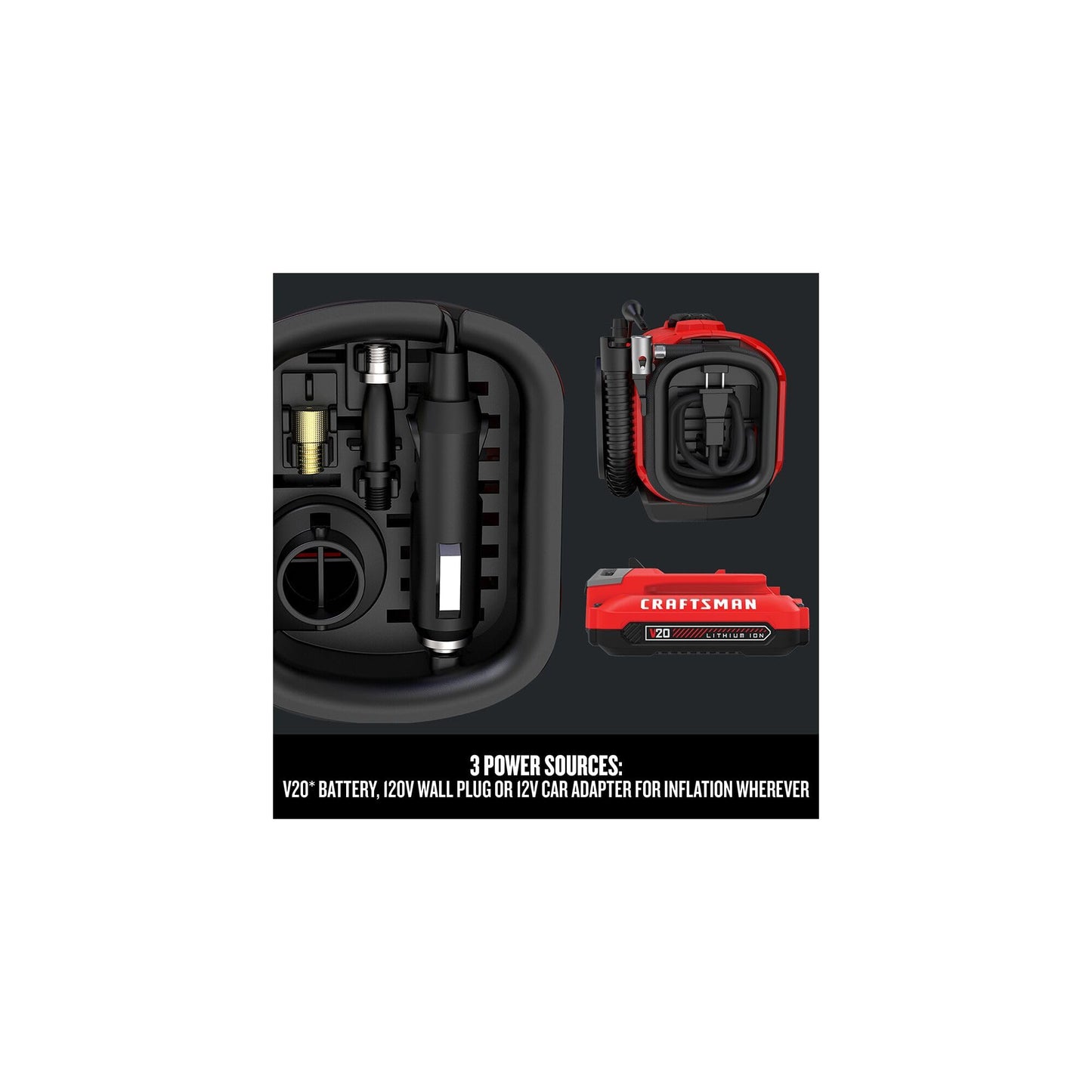 CRAFTSMAN V20 Inflador de neumáticos, compresor de aire portátil, 3 modos: sin cable, cable de 120 V y adaptador de coche de 12 V, bomba de aire, batería se vende por separado (CMCE520B)
