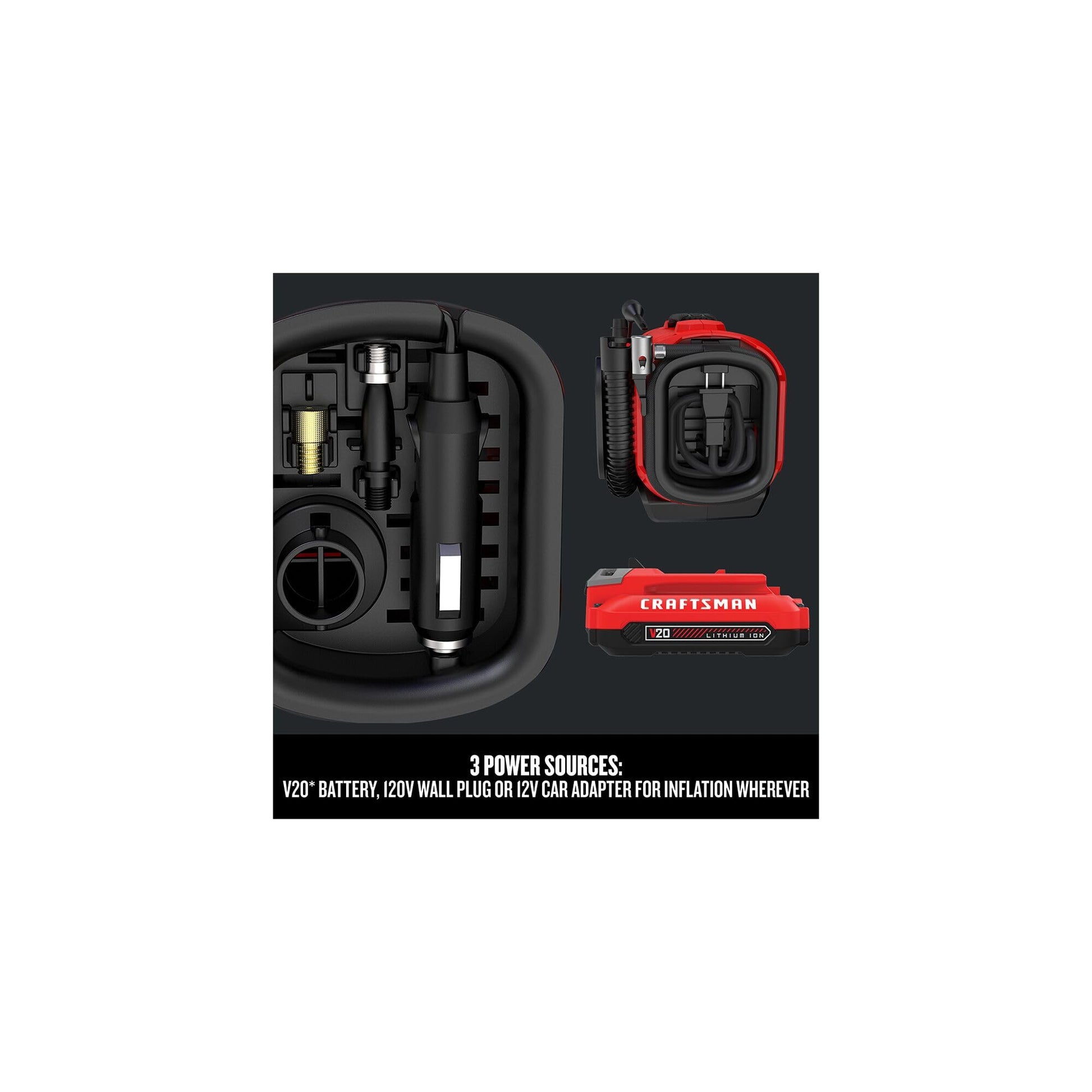 CRAFTSMAN V20 Inflador de neumáticos, compresor de aire portátil, 3 modos: sin cable, cable de 120 V y adaptador de coche de 12 V, bomba de aire, batería se vende por separado (CMCE520B)