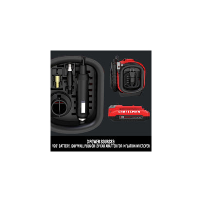 CRAFTSMAN V20 Inflador de neumáticos, compresor de aire portátil, 3 modos: sin cable, cable de 120 V y adaptador de coche de 12 V, bomba de aire, batería se vende por separado (CMCE520B)