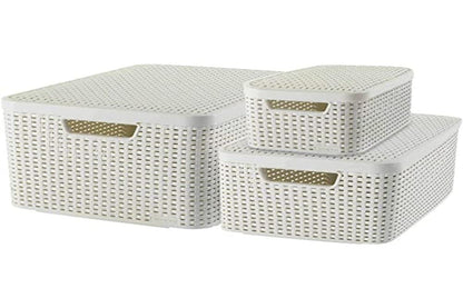 Curver - Set de 3 canastas de almacenamiento Style S con tapas, blanco, plástico, cajas de organización - Blanco oasis