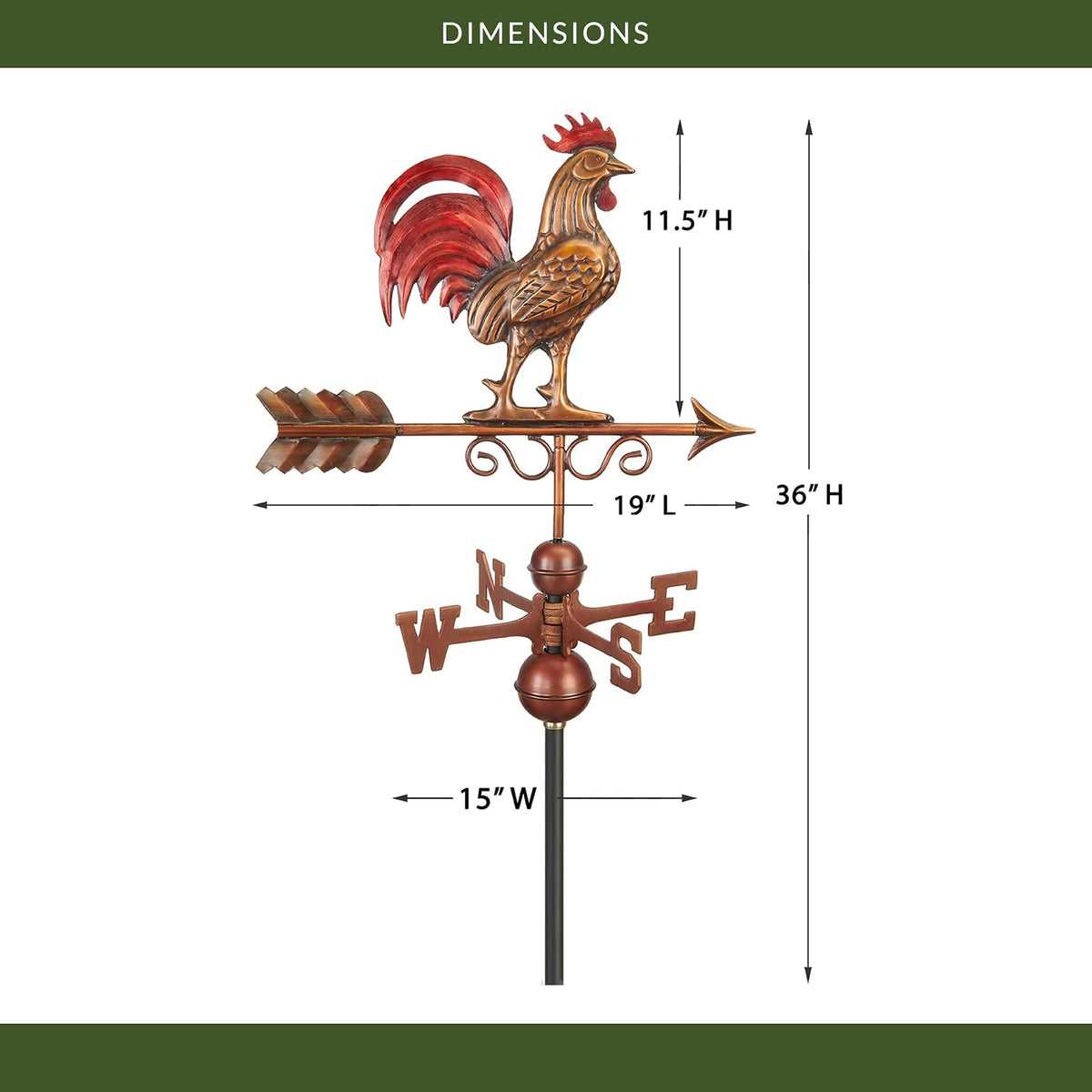 Good Directions Bantam Red Rooster Cobre Vartana con acabado a mano, pátina multicolor