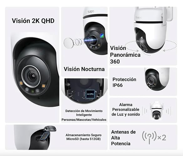 Tapo TP-Link TC42, Cámara de Seguridad Wi-Fi Exterior 2K QHD, Visión Nocturna a Color con Sensor Starlight, Detección Inteligente por IA, Cobertura de 360°, Compatible con Alexa