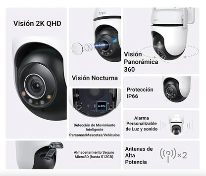 Tapo TP-Link TC42, Cámara de Seguridad Wi-Fi Exterior 2K QHD, Visión Nocturna a Color con Sensor Starlight, Detección Inteligente por IA, Cobertura de 360°, Compatible con Alexa