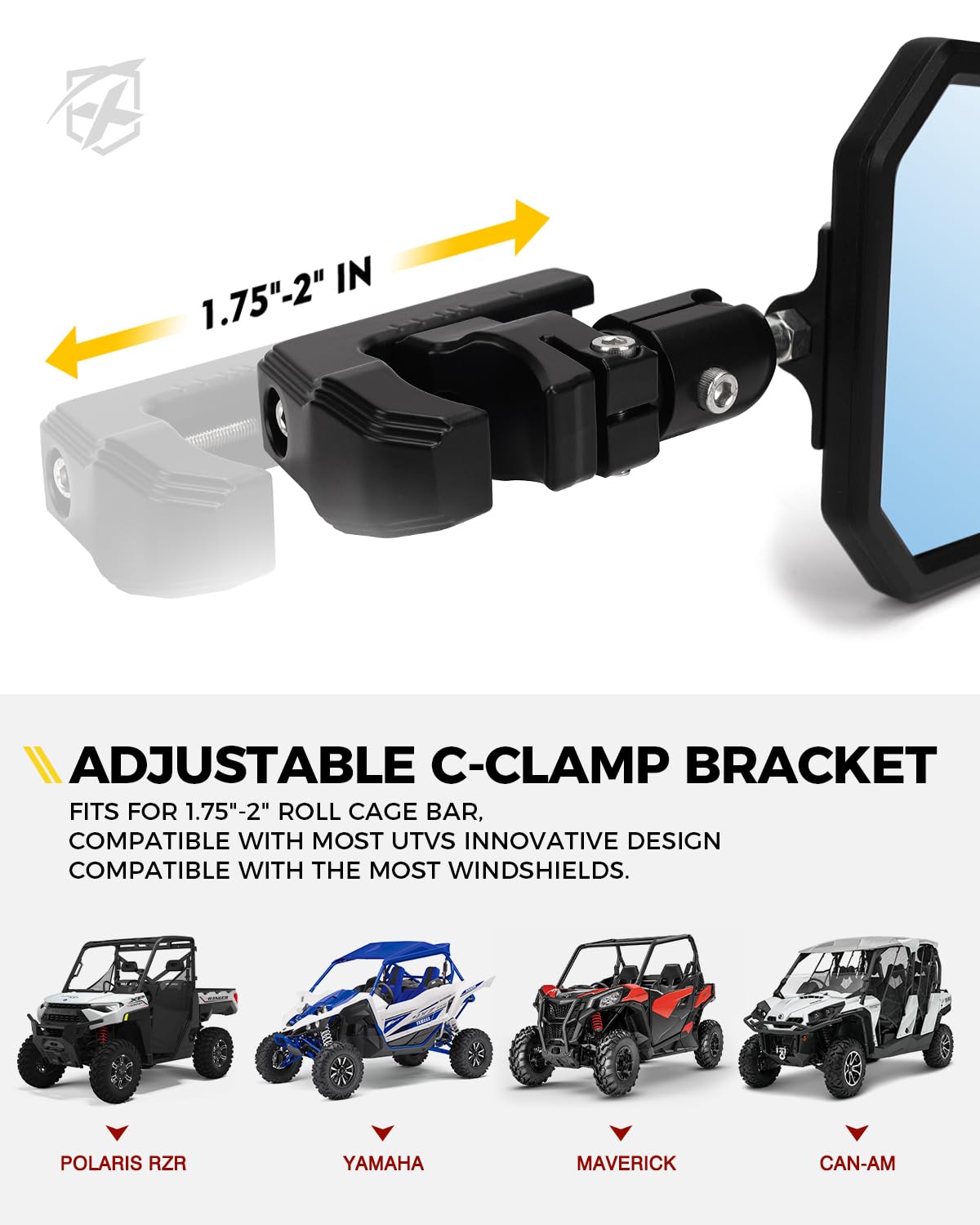 Xprite UTV - Espejos laterales para jaula de barra enrollable de 1.7 a 2 pulgadas, soporte ajustable para espejo retrovisor de aluminio resistente para todoterreno, lado a lado, Polaris RZR XP Turbo,