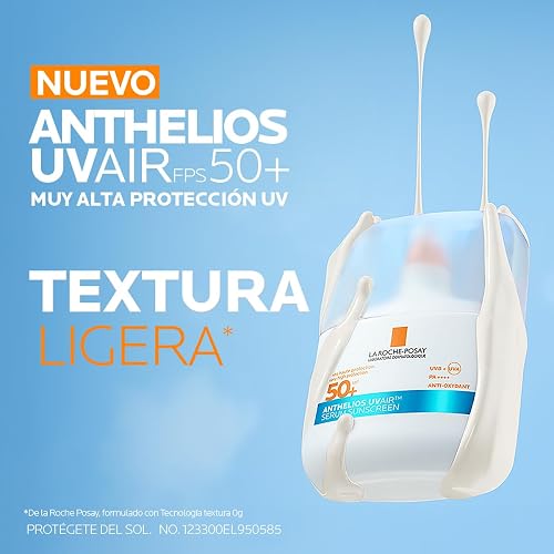 La Roche-Posay Anthelios UVAIR SPF 50+, Serum Protector Solar invisible 50 ml. Textura ligera. Con Ácido Hialurónico, Niacinamida y Vitamina E.