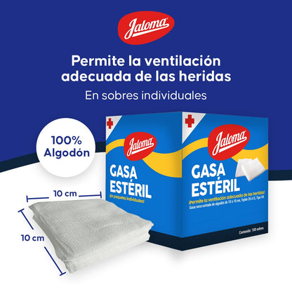 Jaloma | Gasa Estéril Simple 10x10 cm, material de curación, caja con 100 sobres
