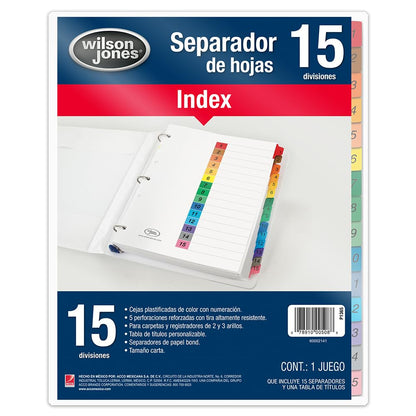 Wilson Jones Separadores con Cejas de Color y Numeración, 8 Divisiones, Tamaño Carta, 5 Perforaciones Reforzadas, Paquete con 24 Juegos. P1365