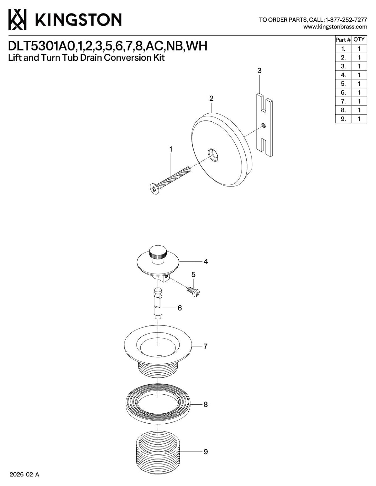 Kingston Brass DLT5301A2 Made to Match Lift & Turn Tub Drain Kit, Polished Brass