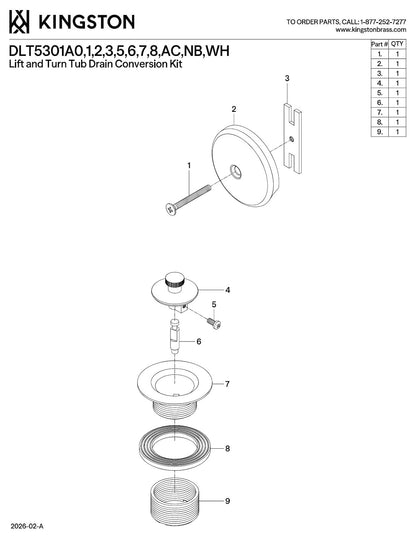 Kingston Brass DLT5301A2 Made to Match Lift & Turn Tub Drain Kit, Polished Brass