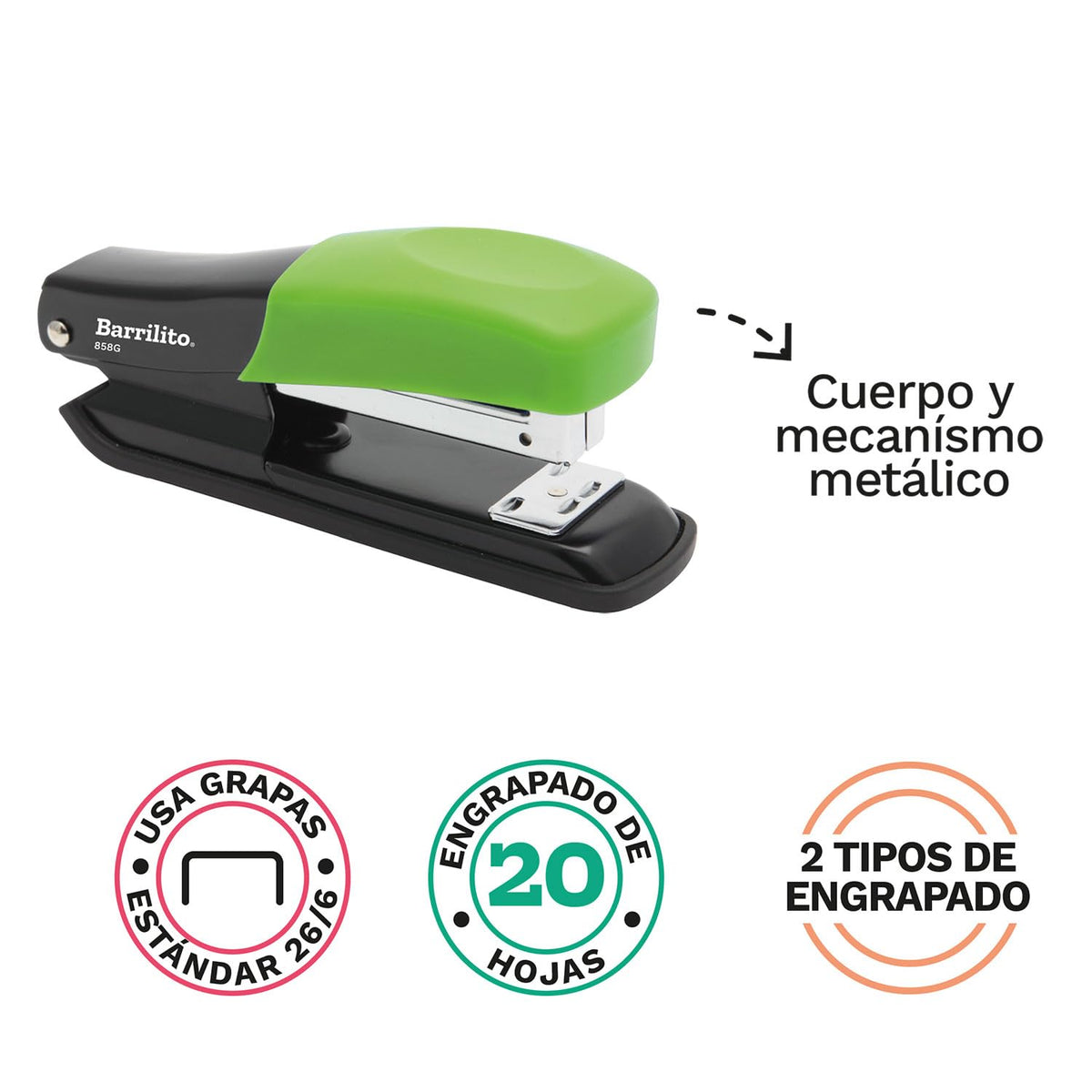 Barrilito 858g Engrapadora Media Tira de Cuerpo Metálico, Grapa Estándar