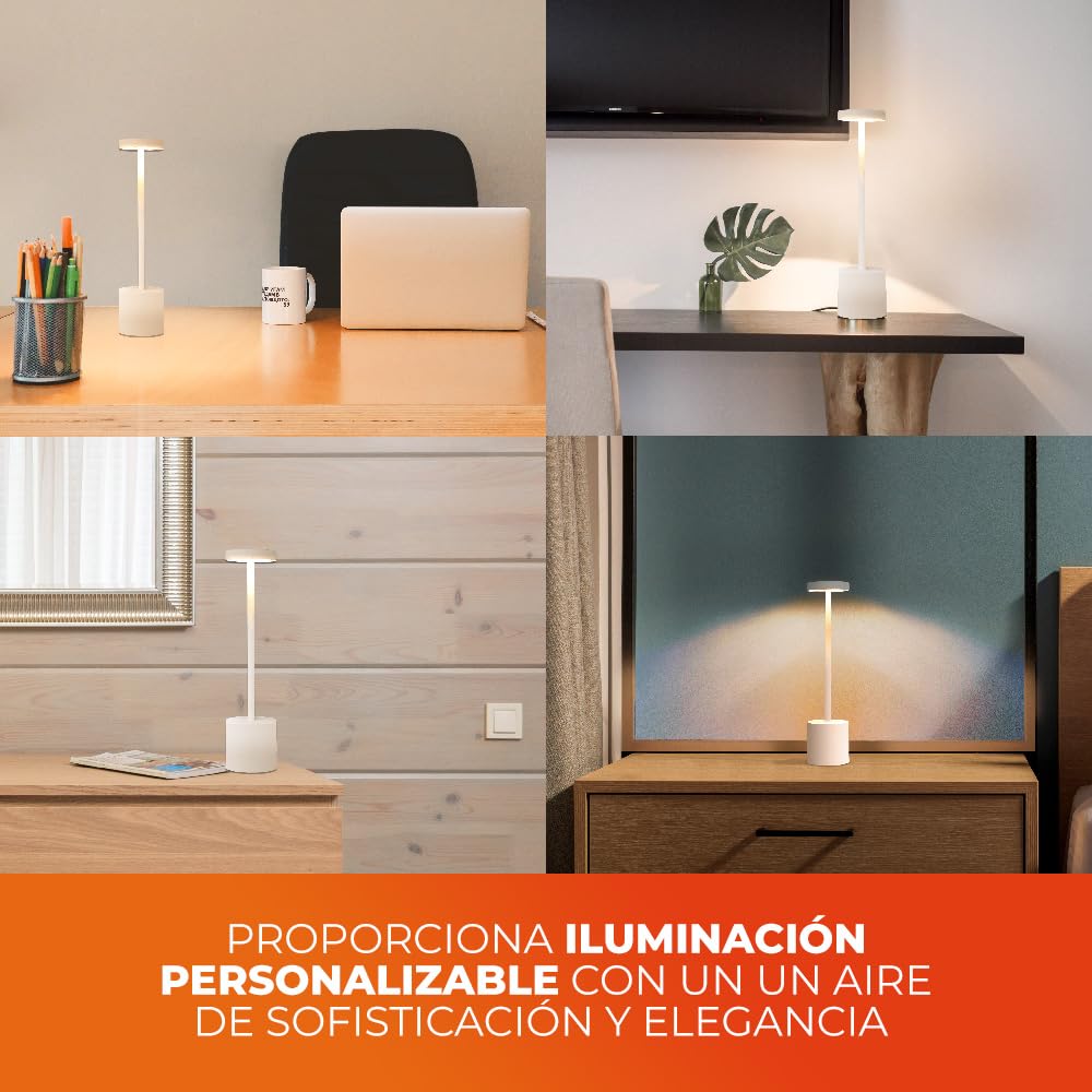 Tecnolite - Lámpara de Mesa LED 3 W Portátil, Recargable, Luz Blanca Ajustable y Atenuable Táctil, Lámpara Interior para Restaurante