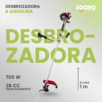 IGOTO Desbrozadora Desmalezadora de Gasolina Motor 2 Tiempos 1 HP 700 W Capacidad del Tanque 650 Ml Uso Profesional 26 CC Mango Ajustable Tipo Bici Carburador Tipo Diafragma