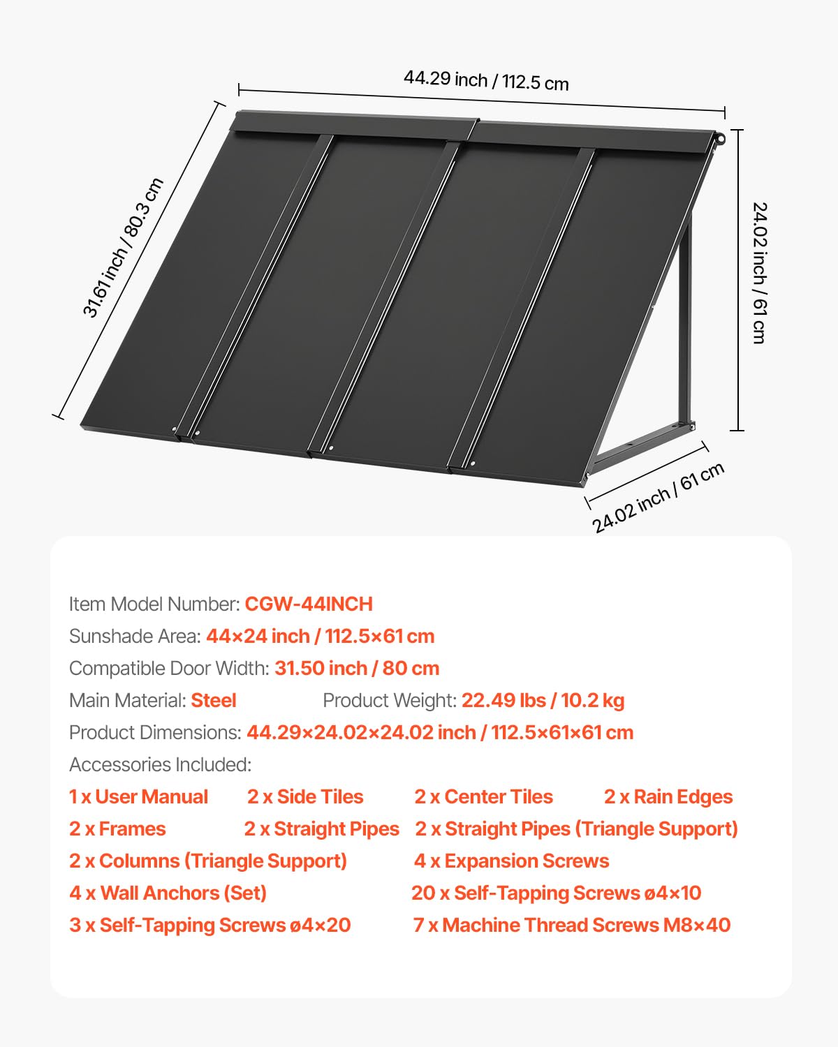 VEVOR Toldo para Exterior, Área de Protección Solar de 1125 x 610 mm Toldo de Acero con Recubrimiento en Polvo Resistente a la Oxidación con Voladizo Compatible para Puerta de 800 mm de Ancho