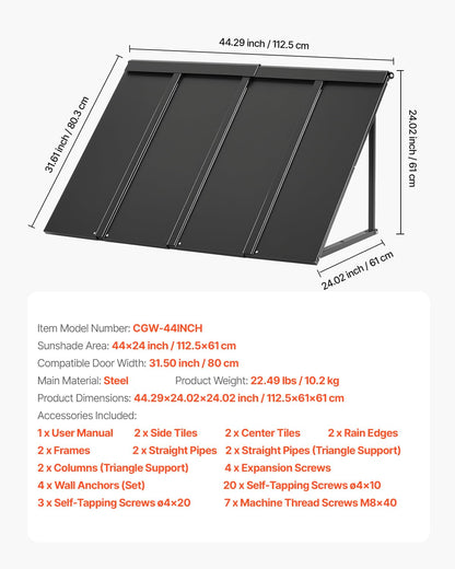 VEVOR Toldo para Exterior, Área de Protección Solar de 1125 x 610 mm Toldo de Acero con Recubrimiento en Polvo Resistente a la Oxidación con Voladizo Compatible para Puerta de 800 mm de Ancho