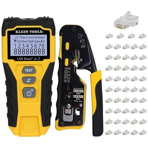 Klein Tools 80072 RJ45 Kit de probador de cables con LAN Scout Jr. 2, crimpadora coaxial, pelacables, herramienta de corte y enchufe de datos modular de paso