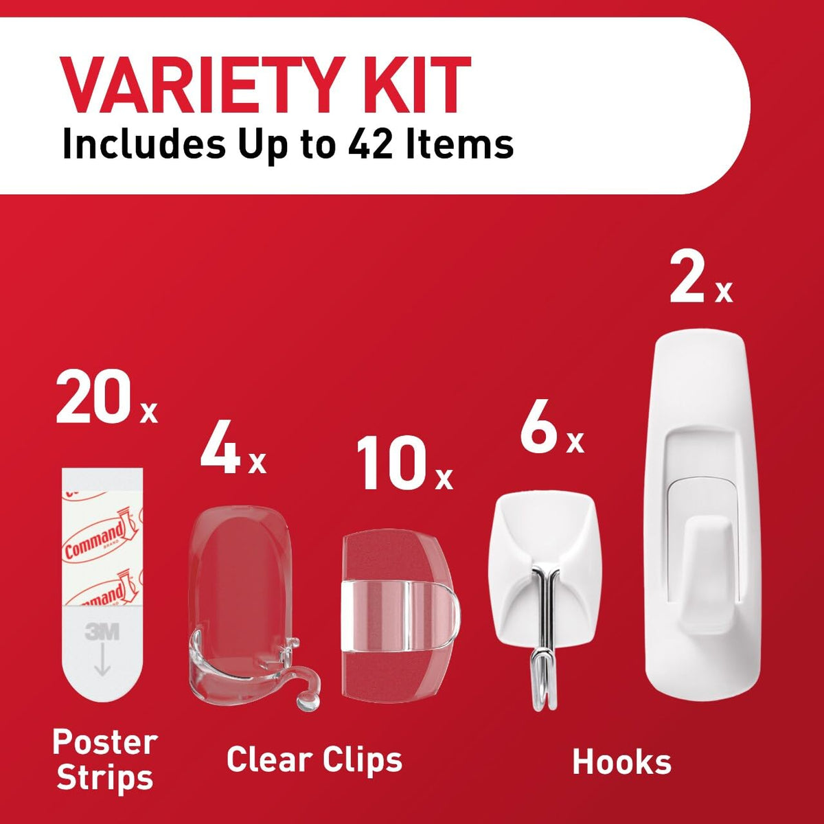 Command - Kit de colgar y decorar, 6 ganchos pequeños, 2 ganchos medianos de utilidad, 4 clips de cable mediano, 10 clips de luz y 20 tiras de póster, esenciales para habitación de recámara