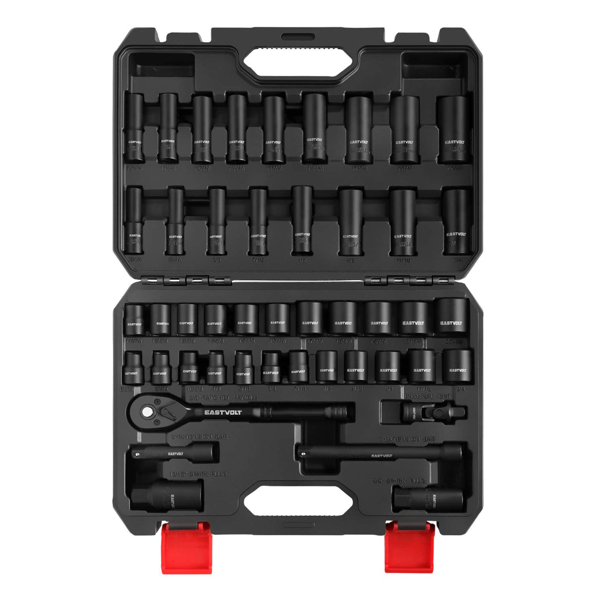 Eastvolt - Kit de herramientas mecánicas, juego de llaves de transmisión, juego de 46 piezas con trinquete reversible de 72 dientes, métrico/SAE (ASK06)