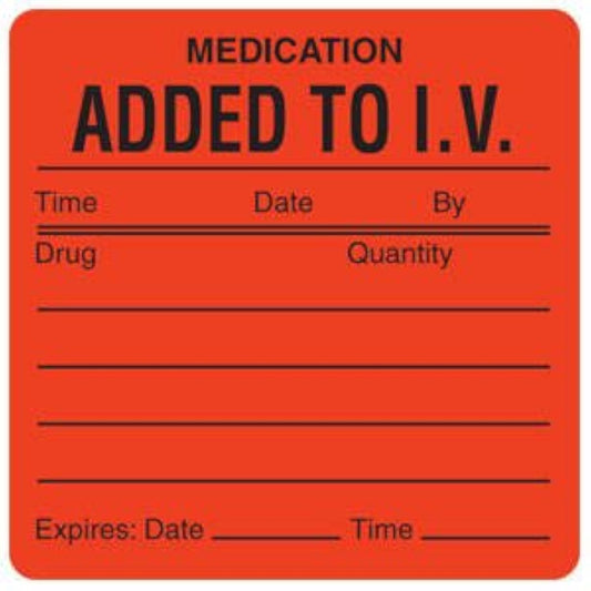 Tabbies - Etiqueta de instrucciones para medicamentos veterinarios, medicamentos añadidos a I.V. TIME_…, 2-1/2 pulgadas de ancho x 2-1/2 pulgadas de alto, rojo fluorescente, 390 etiquetas por rollo