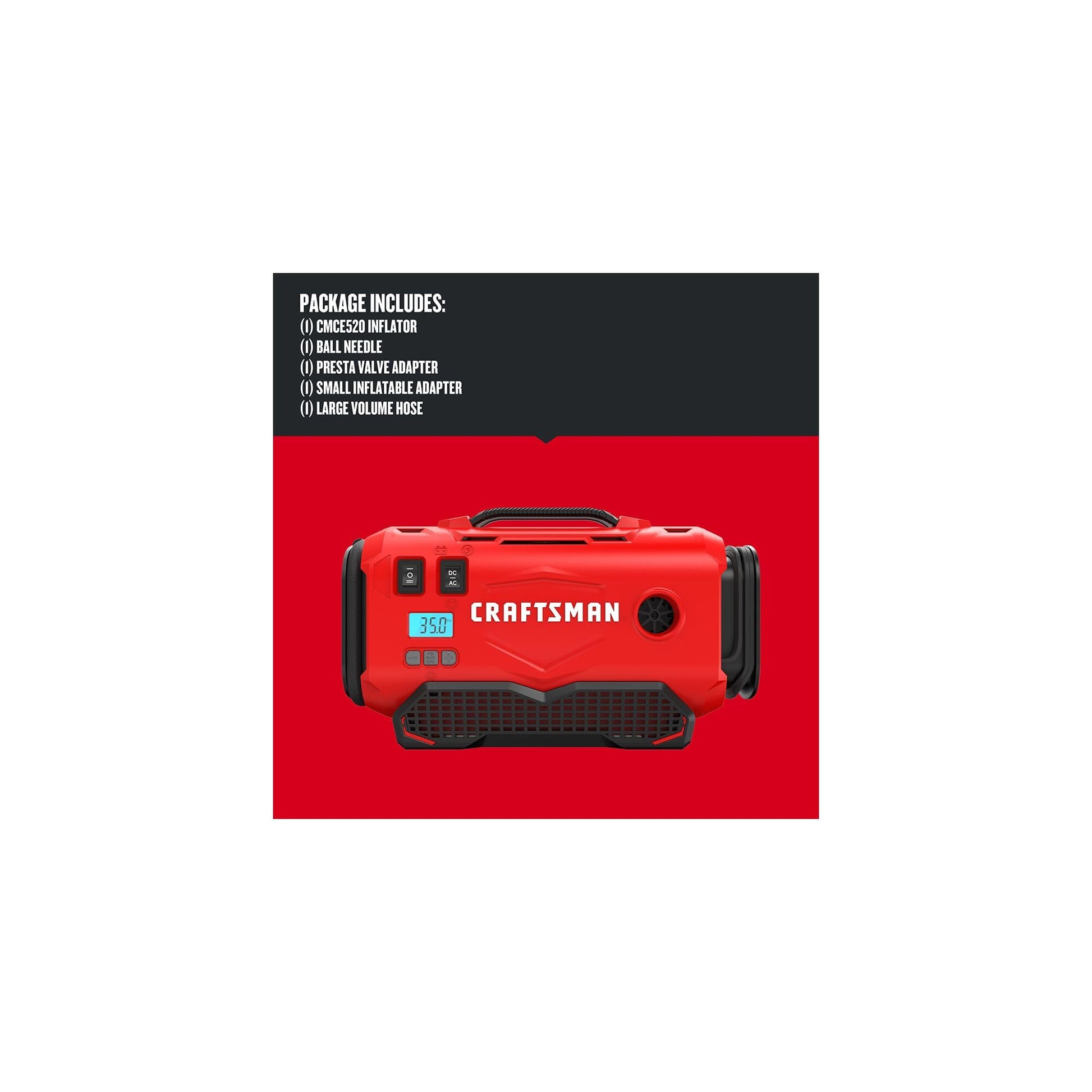 CRAFTSMAN V20 Inflador de neumáticos, compresor de aire portátil, 3 modos: sin cable, cable de 120 V y adaptador de coche de 12 V, bomba de aire, batería se vende por separado (CMCE520B)