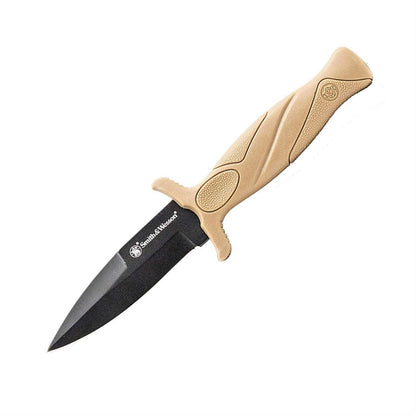 SMITH & WESSON FDE 6.2 Pulgadas de Alto Carbono SS Cuchillo para Botas con Hoja de un Solo Borde de 2.75 Pulgadas y Mango de Goma para Supervivencia al Aire Libre, Camping y EDC
