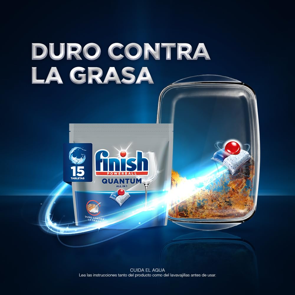 Finish® Quantum Detergente en Tabletas para Lavavajillas, 15 tabletas, Sin necesidad de pre-lavar para una limpieza profunda y duro contra la grasa