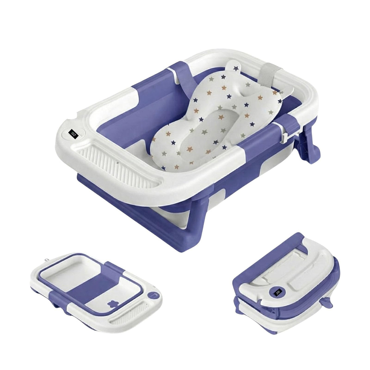 Motek Squash Bañera Tina Plegable para Bebé con Termómetro Digital Táctil, Red Acolchada de Soporte, Tapón de Drenaje y Charola Removible, Diseño Ultra Compacto Portátil, Superficie antideslizante (Azul)